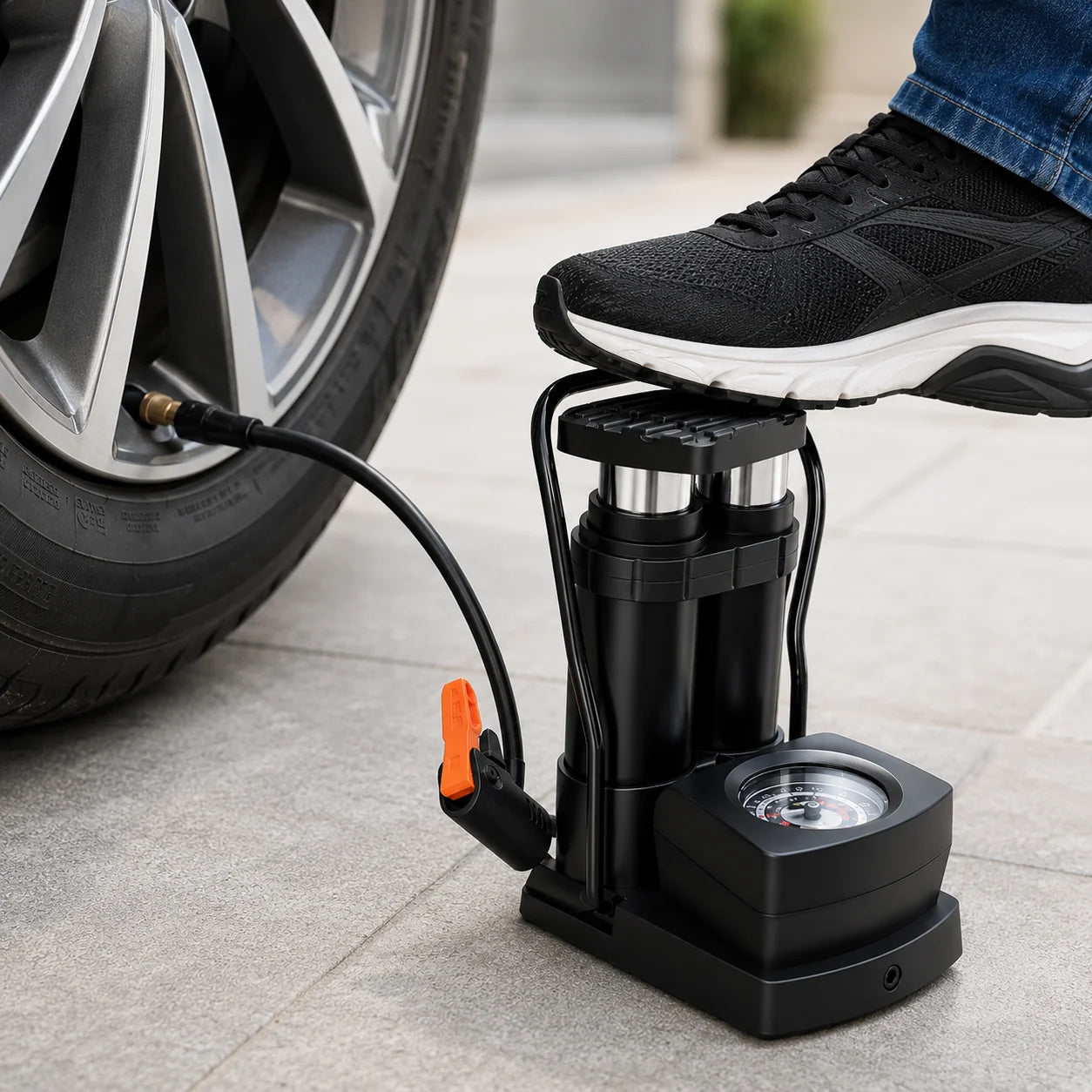 Double Cylinder Foot Pump with Pressure Gauge – Heavy-Duty Portable Tyre Inflator for Cars, Bikes & Motorcycles