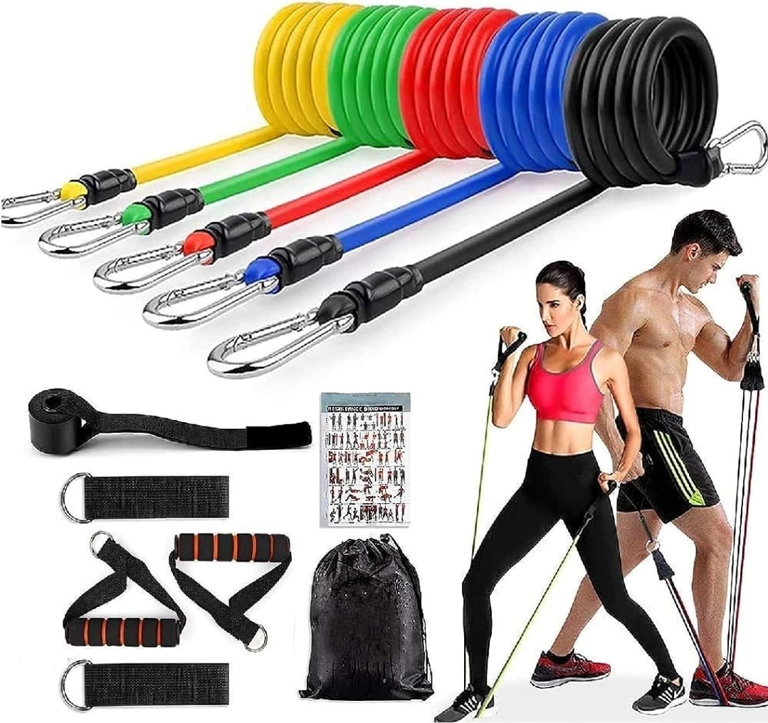11 Piece Adjustable Resistance Band Set with Handles & Door Anchor – Full Body Home Gym Workout Kit for Strength Training, Yoga & Fitness