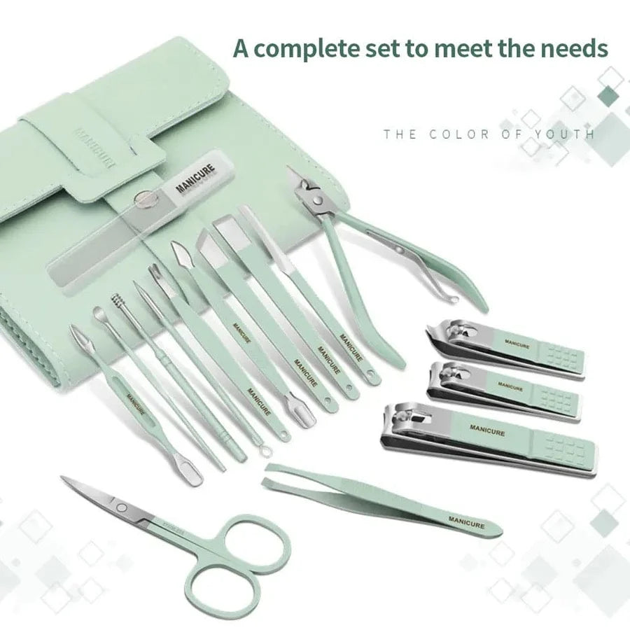 16PCS Stainless Steel Nail Clipper Set with Folding Case – Professional Manicure & Pedicure Grooming Kit for Men & Women