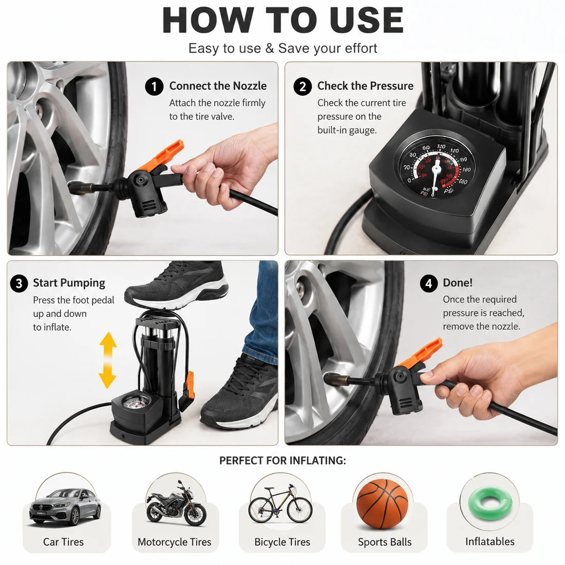 Double Cylinder Foot Pump with Pressure Gauge – Heavy-Duty Portable Tyre Inflator for Cars, Bikes & Motorcycles