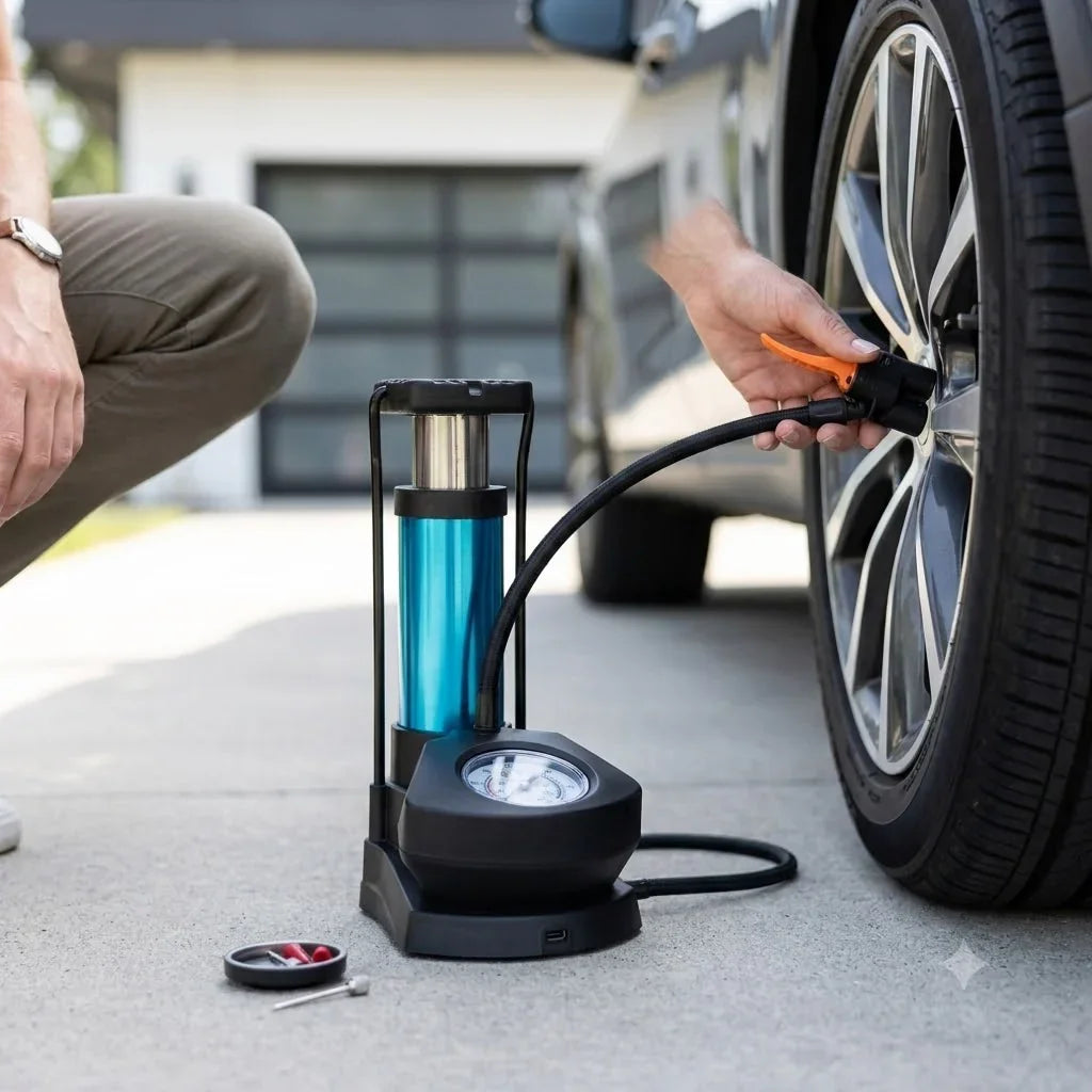 Foot & Hand Air Pump with Built-in Pressure Gauge | Portable Manual Air Inflator for Bicycle Tires, Sports Balls, Air Mattresses & Inflatables