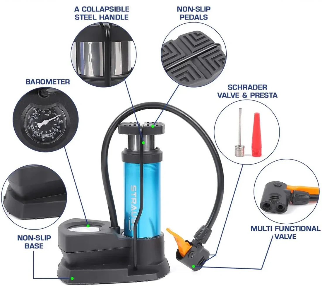 Foot & Hand Air Pump with Built-in Pressure Gauge | Portable Manual Air Inflator for Bicycle Tires, Sports Balls, Air Mattresses & Inflatables