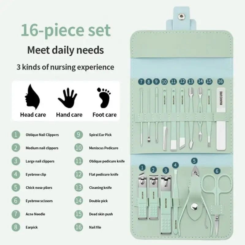 16PCS Stainless Steel Nail Clipper Set with Folding Case – Professional Manicure & Pedicure Grooming Kit for Men & Women