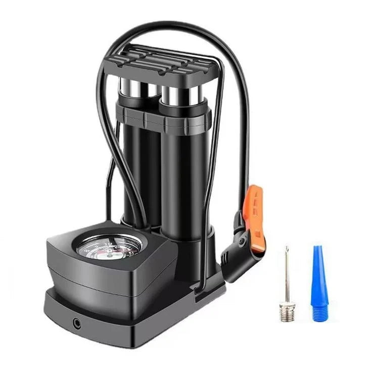 Double Cylinder Foot Pump with Pressure Gauge – Heavy-Duty Portable Tyre Inflator for Cars, Bikes & Motorcycles