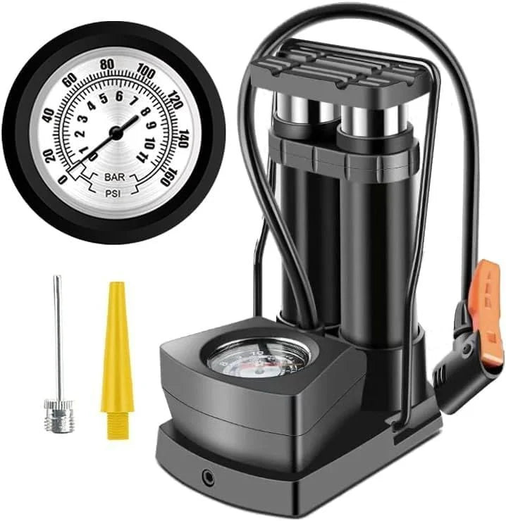 Double Cylinder Foot Pump with Pressure Gauge – Heavy-Duty Portable Tyre Inflator for Cars, Bikes & Motorcycles