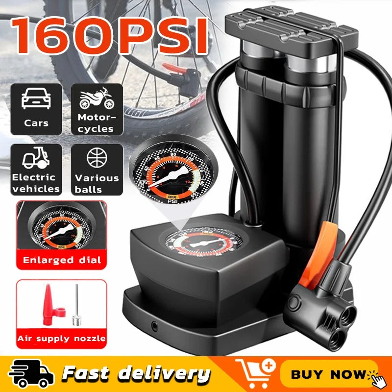 Double Cylinder Foot Pump with Pressure Gauge – Heavy-Duty Portable Tyre Inflator for Cars, Bikes & Motorcycles
