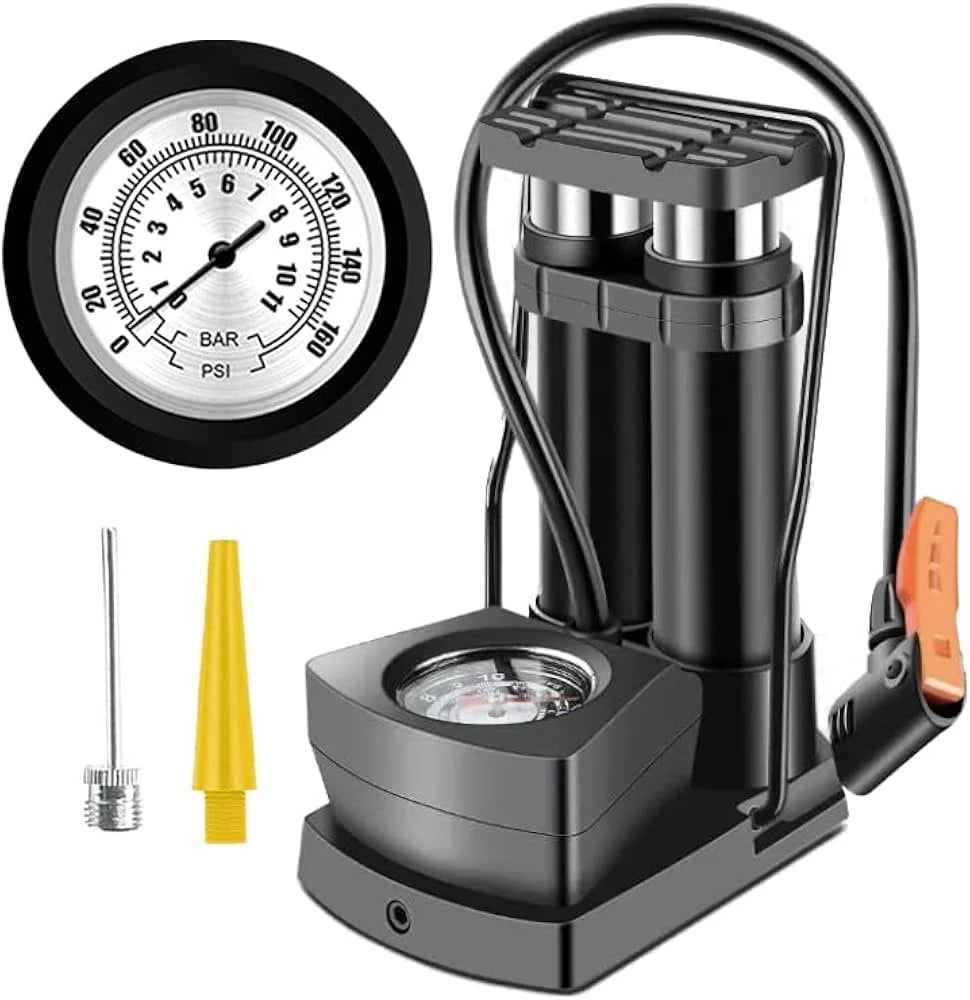 Double Cylinder Foot Pump with Pressure Gauge – Heavy-Duty Portable Tyre Inflator for Cars, Bikes & Motorcycles