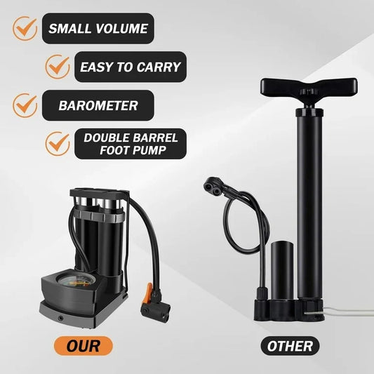 Double Cylinder Foot Pump with Pressure Gauge – Heavy-Duty Portable Tyre Inflator for Cars, Bikes & Motorcycles