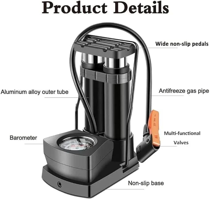 Double Cylinder Foot Pump with Pressure Gauge – Heavy-Duty Portable Tyre Inflator for Cars, Bikes & Motorcycles