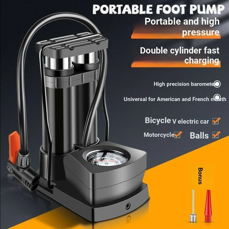 Double Cylinder Foot Pump with Pressure Gauge – Heavy-Duty Portable Tyre Inflator for Cars, Bikes & Motorcycles