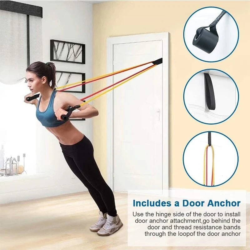 11 Piece Adjustable Resistance Band Set with Handles & Door Anchor – Full Body Home Gym Workout Kit for Strength Training, Yoga & Fitness