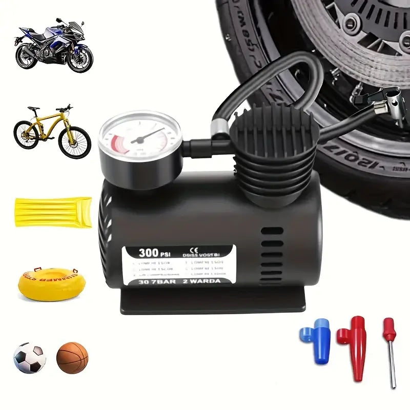 Portable Mini Air Compressor Pump DC 12V 300 PSI | Car Tire Inflator Air Pump for Cars, Motorcycles, Bicycles & Sports Balls