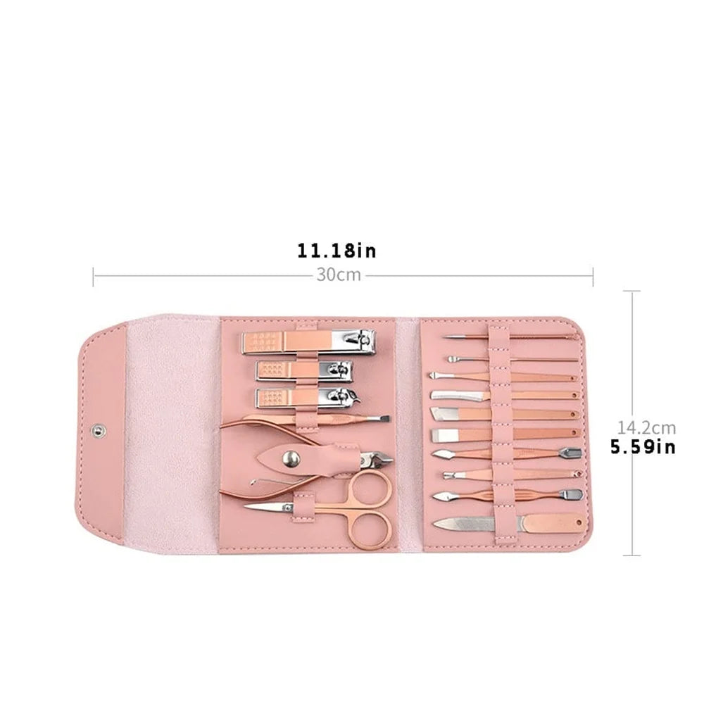 16PCS Stainless Steel Nail Clipper Set with Folding Case – Professional Manicure & Pedicure Grooming Kit for Men & Women