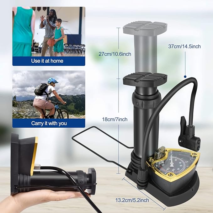 Foot & Hand Air Pump with Built-in Pressure Gauge | Portable Manual Air Inflator for Bicycle Tires, Sports Balls, Air Mattresses & Inflatables